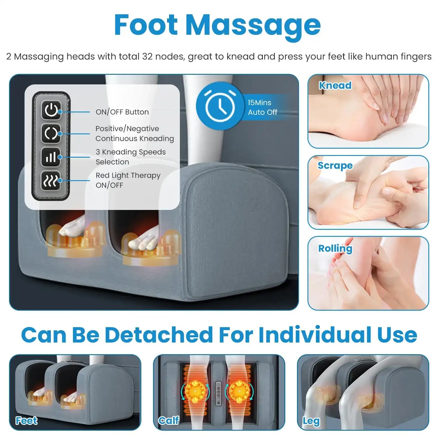 Foot massage device with control panel and usage illustrations on a dark background