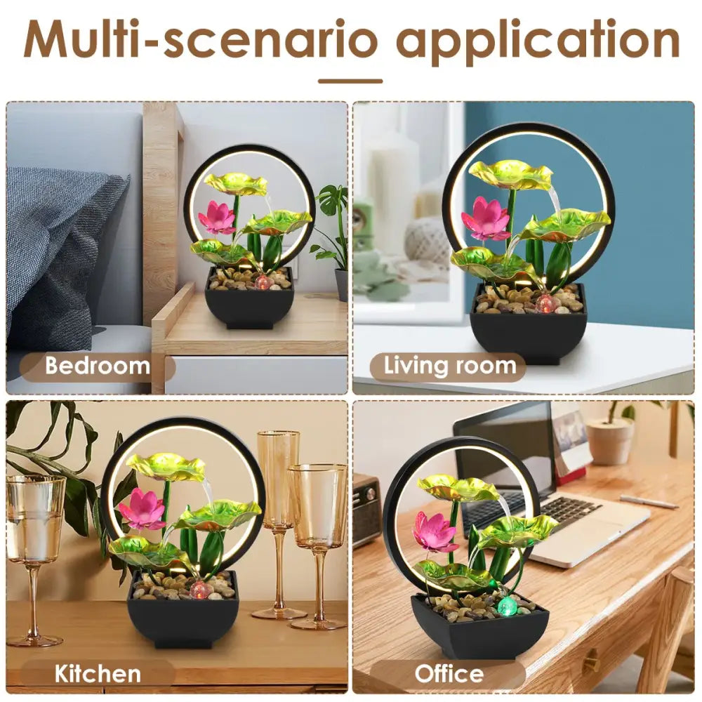 Metal Tabletop Water Fountain with LED Ring Lights & Natural Rocks