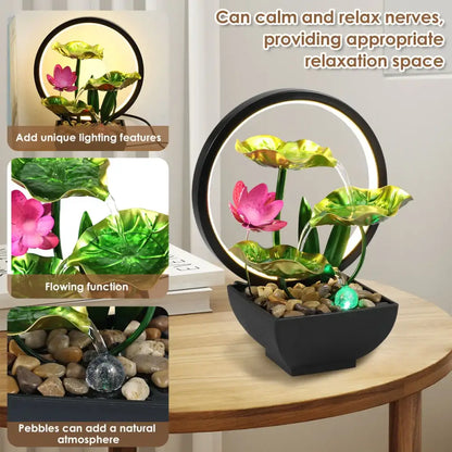 Metal Tabletop Water Fountain with LED Ring Lights & Natural Rocks