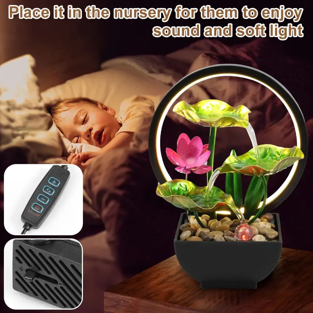 Metal Tabletop Water Fountain with LED Ring Lights & Natural Rocks