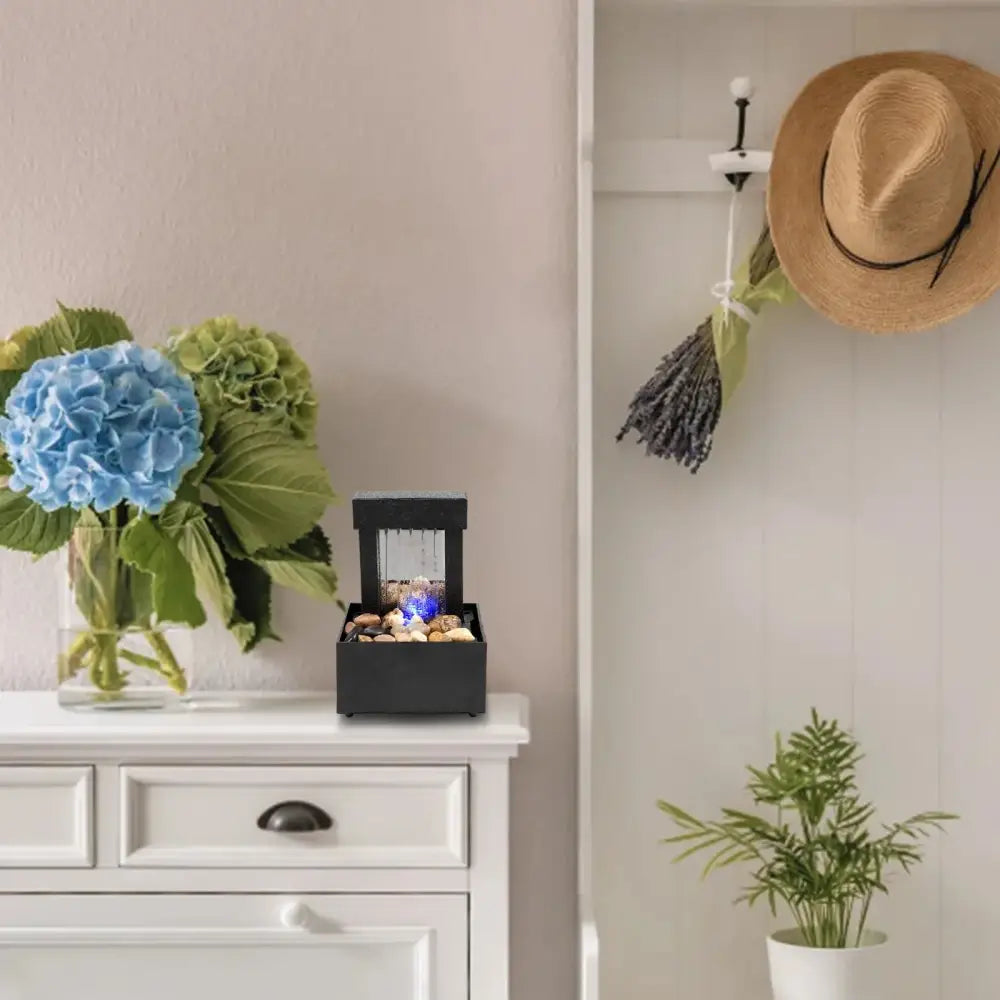 Mini Desktop Water Fountain LED Zen Meditation Waterfall with Pebbles USB or Battery Powered