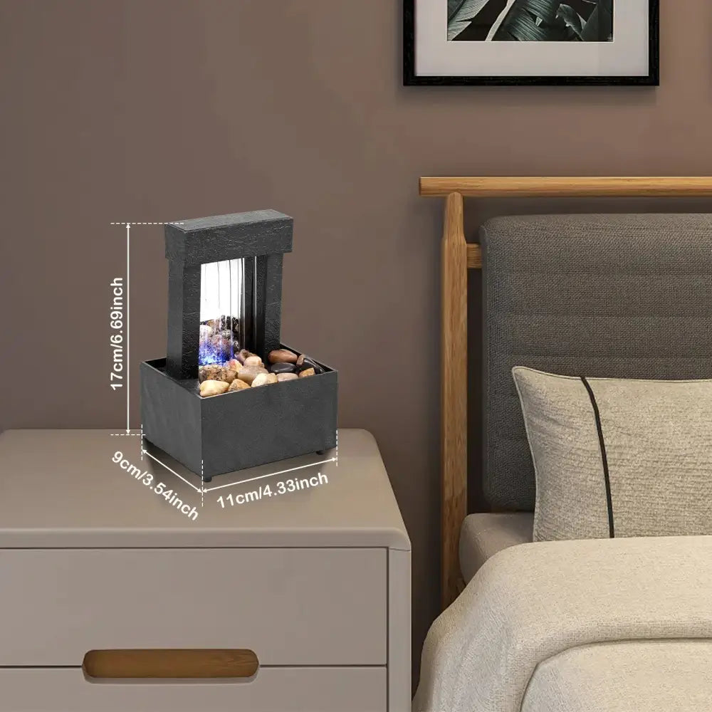 Mini Desktop Water Fountain LED Zen Meditation Waterfall with Pebbles USB or Battery Powered