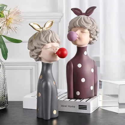 Modern Creative Blowing Bubble Gum Girl Statue Figurine