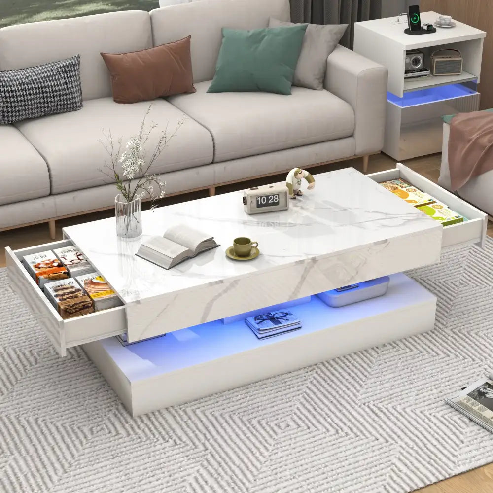 Modern LED Coffee Table 20 Colors Double-Layer Design, High Gloss, & 2 Storage Drawers