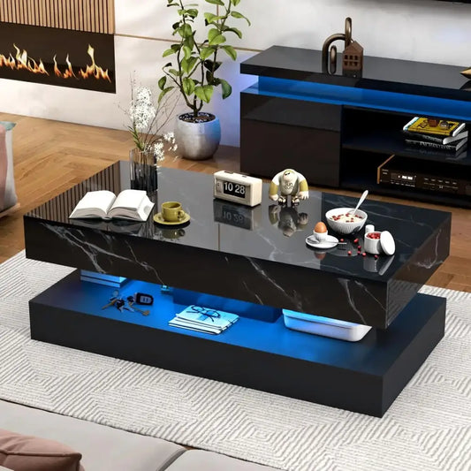 Modern LED Coffee Table 20 Colors Double-Layer Design, High Gloss, & 2 Storage Drawers