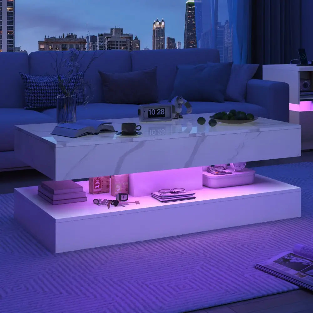 Modern LED Coffee Table 20 Colors Double-Layer Design, High Gloss, & 2 Storage Drawers