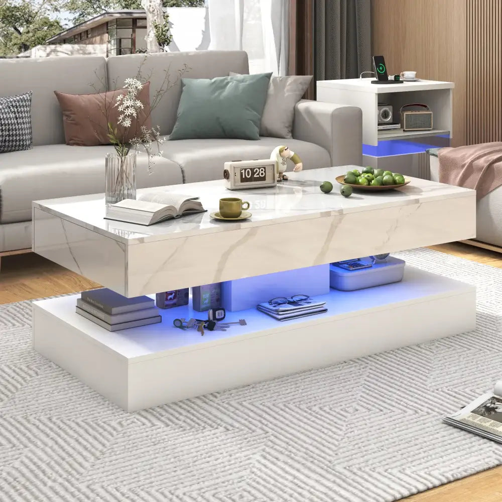 Modern LED Coffee Table 20 Colors Double-Layer Design High Gloss & 2 Storage Drawers
