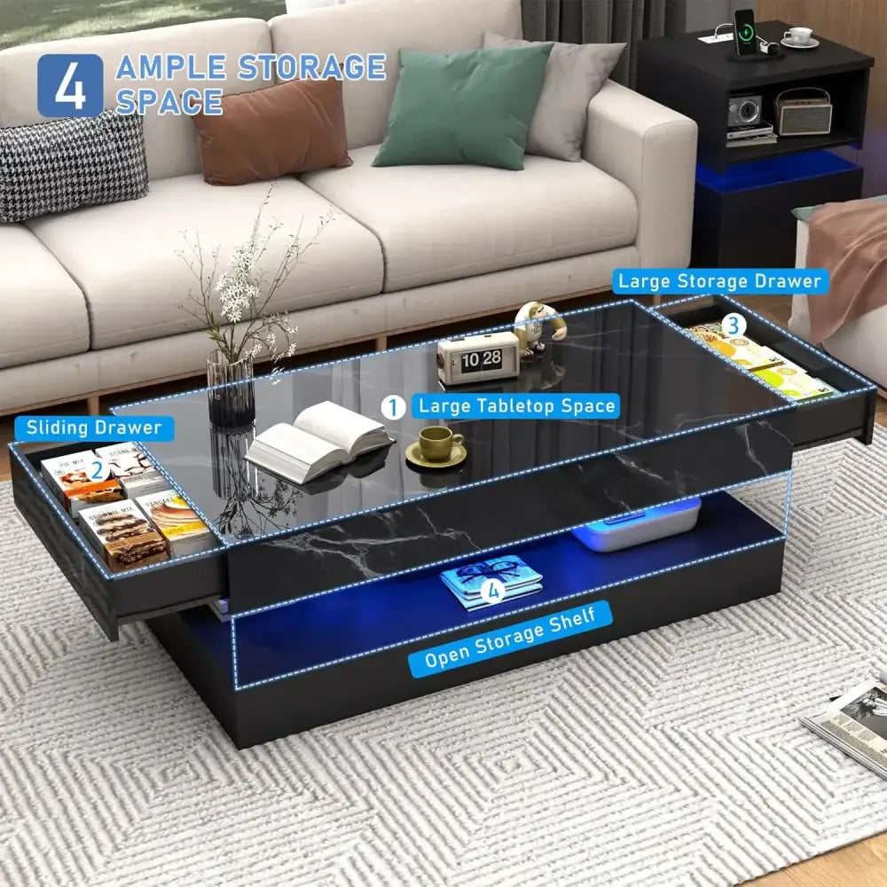 Modern LED Coffee Table 20 Colors Double-Layer Design, High Gloss, & 2 Storage Drawers