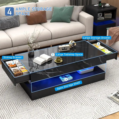 Modern LED Coffee Table – 20 Colors, Double Layer & 2 Storage Drawers