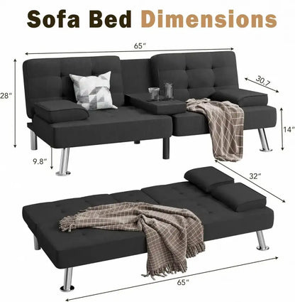 Modern Linen Futon Sofa Bed – 3 Positions, Removable Arms & Cup Holders