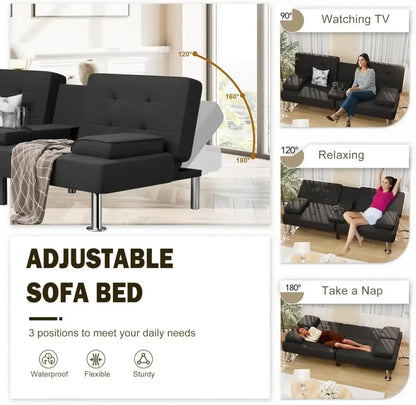 Modern Linen Futon Sofa Bed – 3 Positions, Removable Arms & Cup Holders