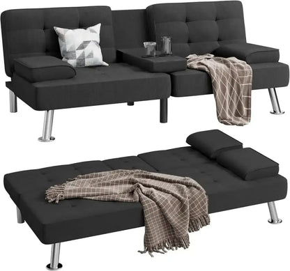Modern Linen Futon Sofa Bed – 3 Positions, Removable Arms & Cup Holders