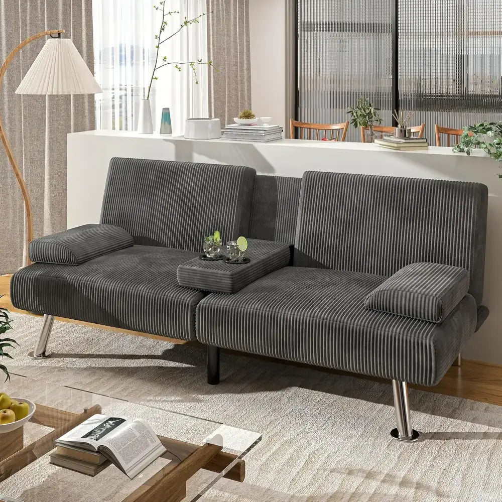 Modern Linen Folding Futon Sofa Bed 3 Adj. Positions, Removable Arms, & 2 Cup Holders