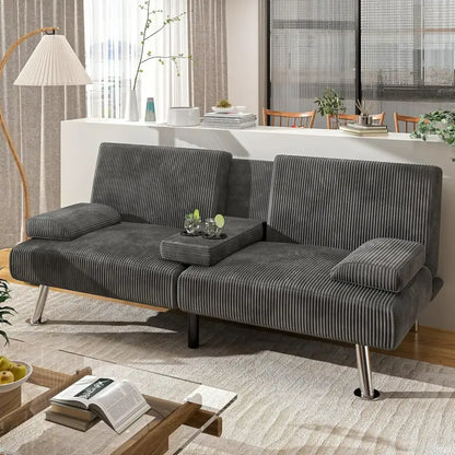 Modern Linen Futon Sofa Bed – 3 Positions, Removable Arms & Cup Holders