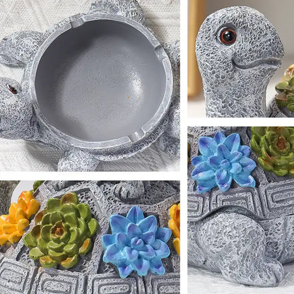 Collage of a concrete mold shaped like a turtle with succulent plants embedded.