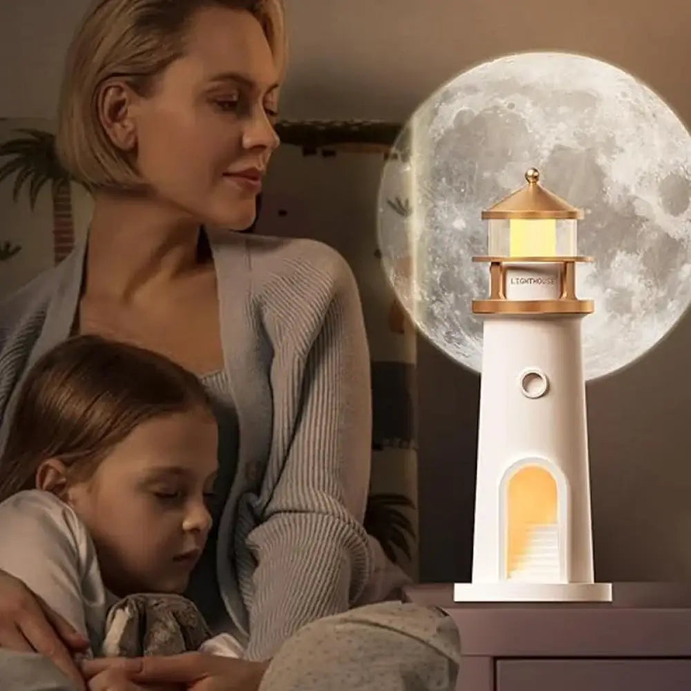 Moon projection lighthouse lamp key features showing breathing mode and remote timer