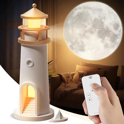 Lighthouse-shaped lamp with remote control in front of a full moon