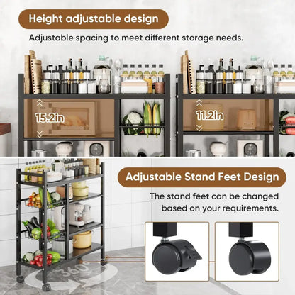 Multifunctional kitchen cart with appliances and groceries on a tiled floor.