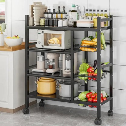 Multifunctional kitchen cart with appliances and groceries on a tiled floor.