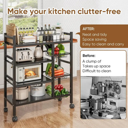 Multifunctional kitchen cart with appliances and groceries on a tiled floor.