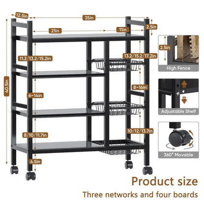 Multifunctional kitchen cart with appliances and groceries on a tiled floor.
