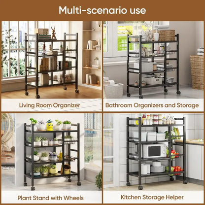 Multifunctional kitchen cart with appliances and groceries on a tiled floor.
