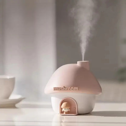 Pink mushroom-shaped humidifier emitting steam on a neutral background