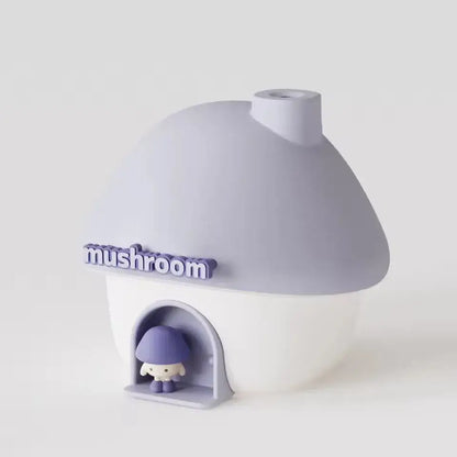 Purple mushroom-shaped toy house with a small figure inside on a white background