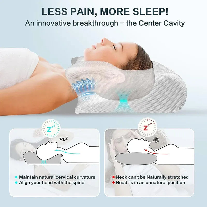 Person using a neck pillow with diagrams showing its benefits on a light blue background