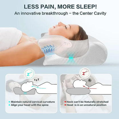 Person using a neck pillow with diagrams showing its benefits on a light blue background