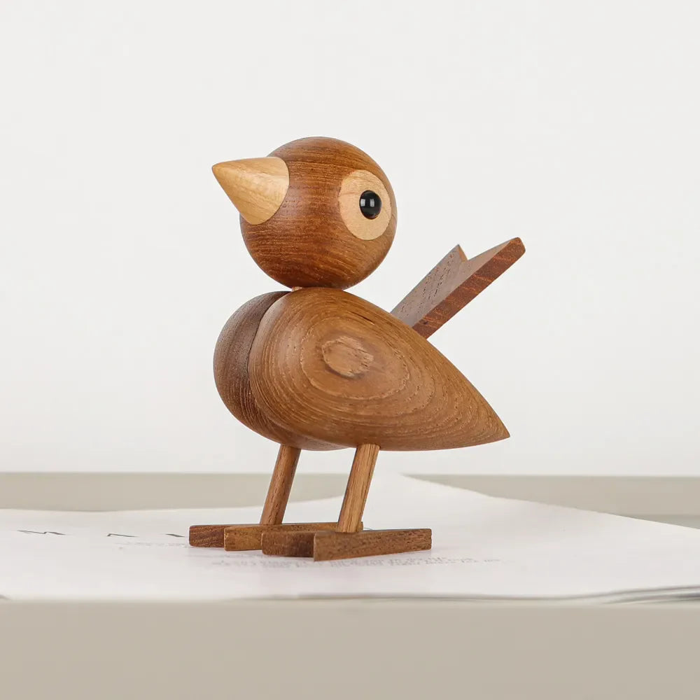 Nordic Style Oak Sparrow Figurine Wooden Dolls Lovely Nature Teak Wood Bird Figures