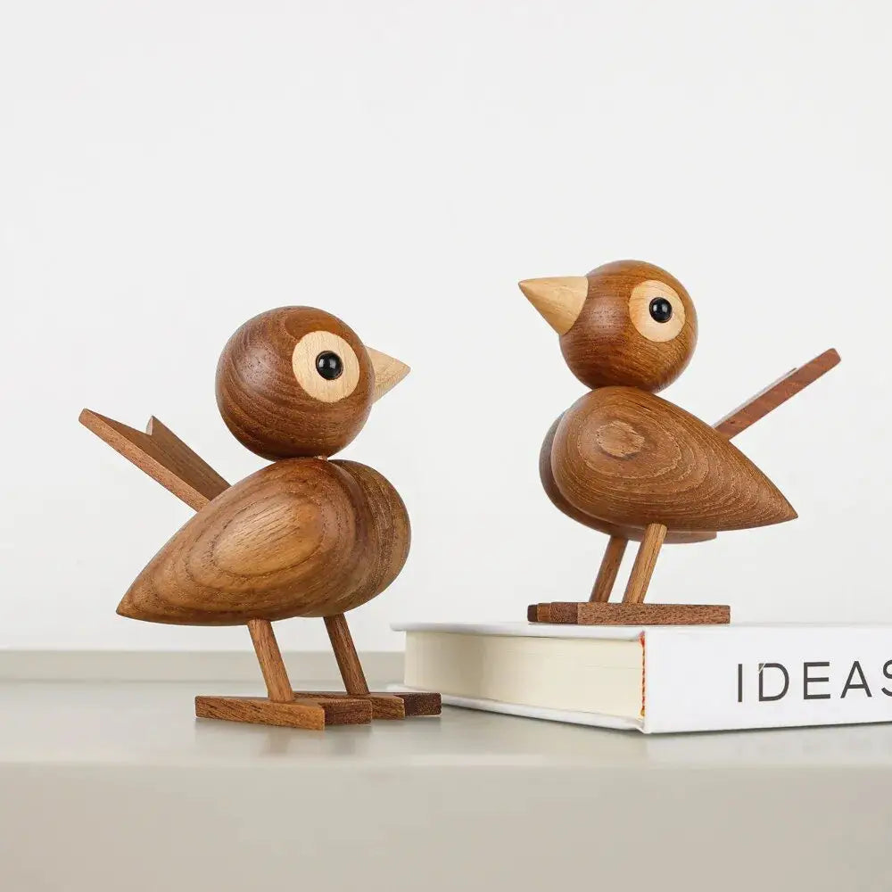 Nordic Style Oak Sparrow Figurine Wooden Dolls Lovely Nature Teak Wood Bird Figures