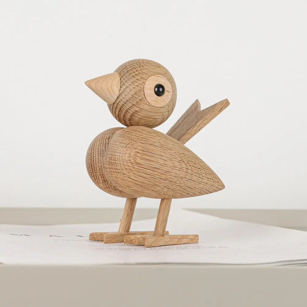 Nordic Style Oak Sparrow Figurine Wooden Dolls Lovely Nature Teak Wood Bird Figures