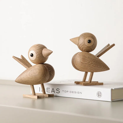 Nordic Style Oak Sparrow Figurine Wooden Dolls Lovely Nature Teak Wood Bird Figures