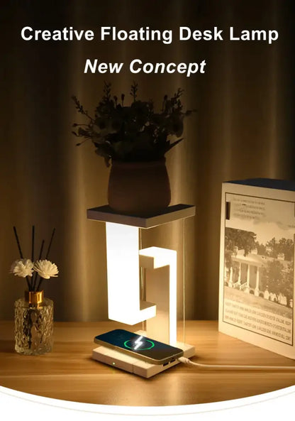 Novelty Floating LED Desk Lamp - Wireless Charger, Dimmable & Touch Control