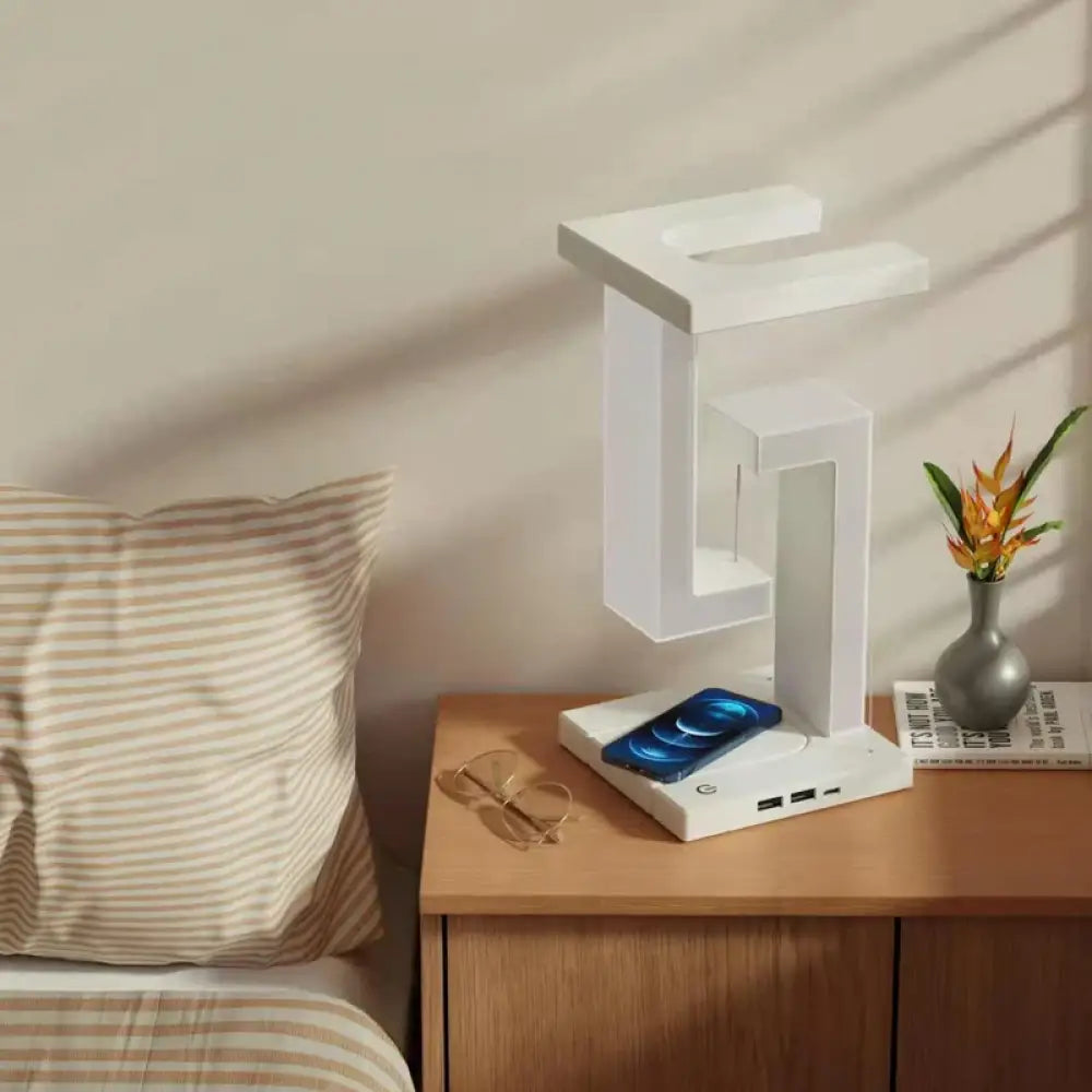 Floating LED lamp key features showing dimmable touch control and versatile bedroom office use