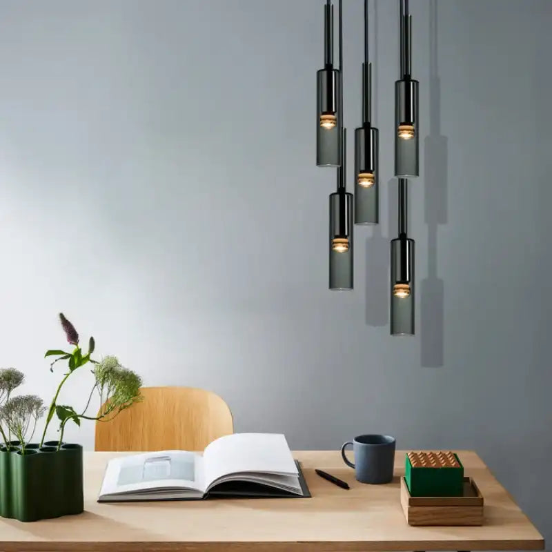 Modern office setup with pendant lights, desk, book, mug, and plants.