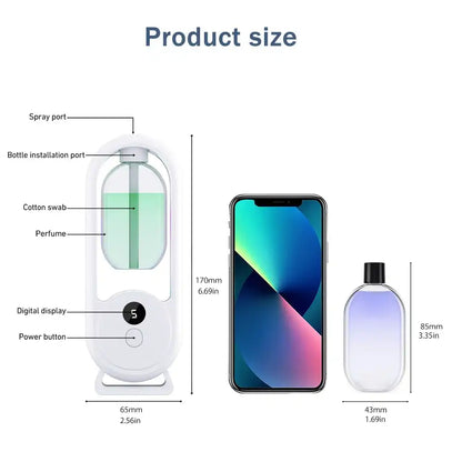 Measurement chart showing the size of a device with labeled parts and dimensions compared to a smartphone.