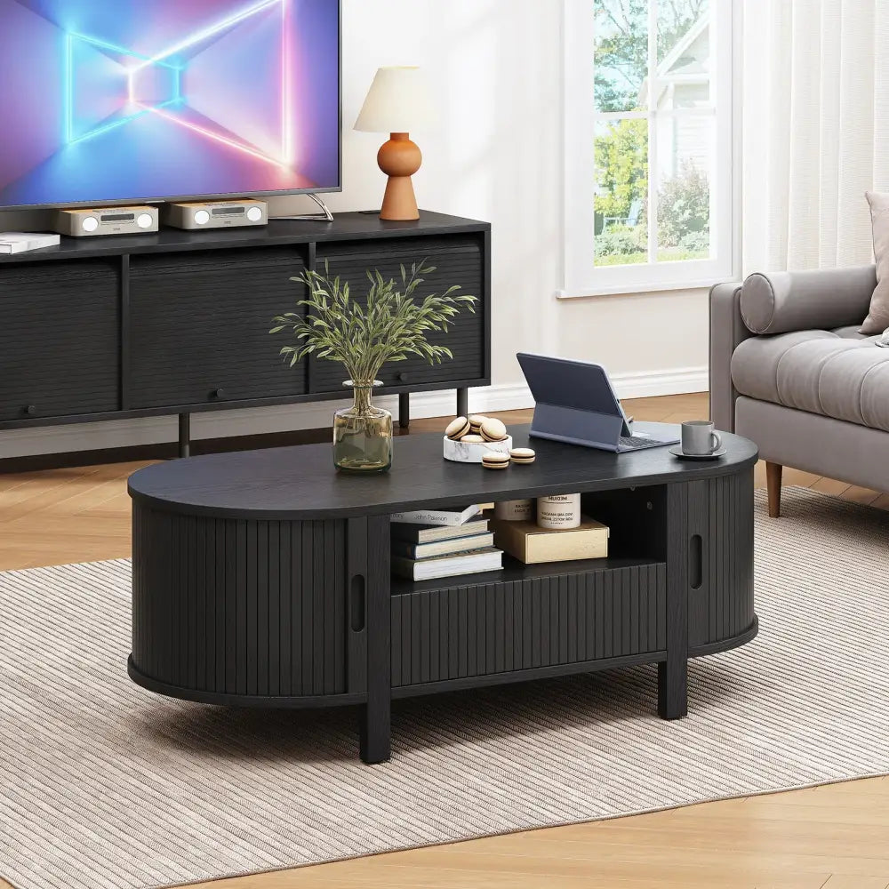 Oval Fluted Coffee Table Mid-Century Modern Center Table Cabinets & Storage