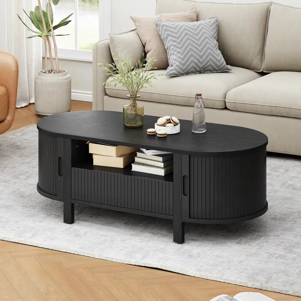 Oval Fluted Coffee Table Mid-Century Modern Center Table Cabinets & Storage