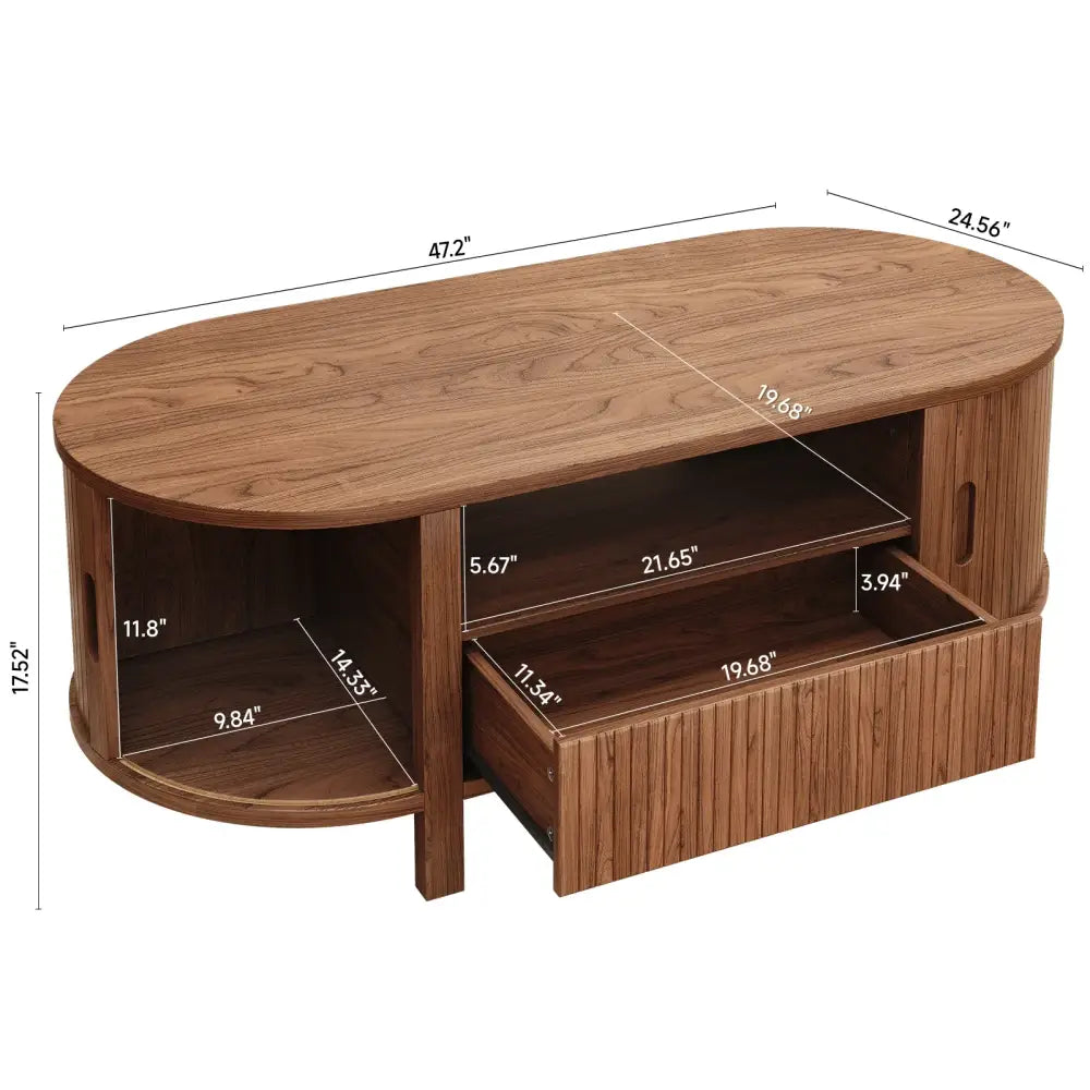 Oval Fluted Coffee Table Mid-Century Modern Center Table Cabinets & Storage