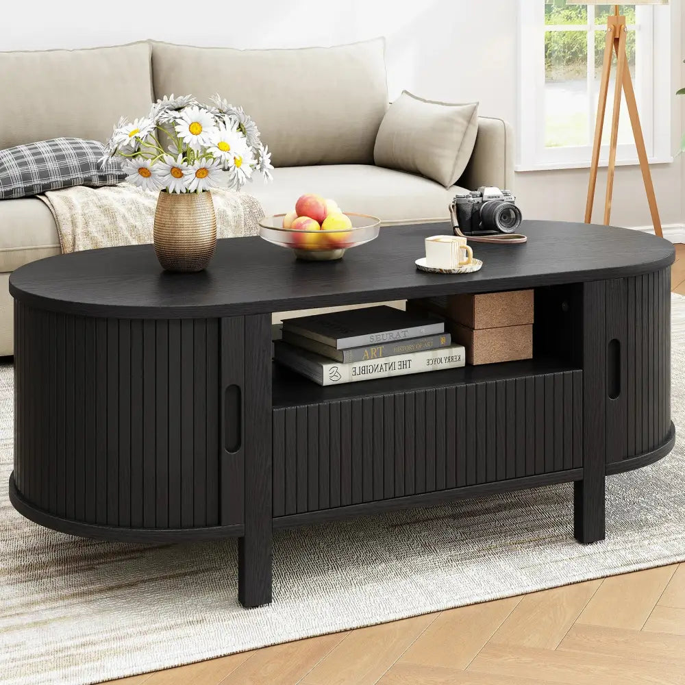 Oval Fluted Coffee Table Mid-Century Modern Center Table Cabinets & Storage