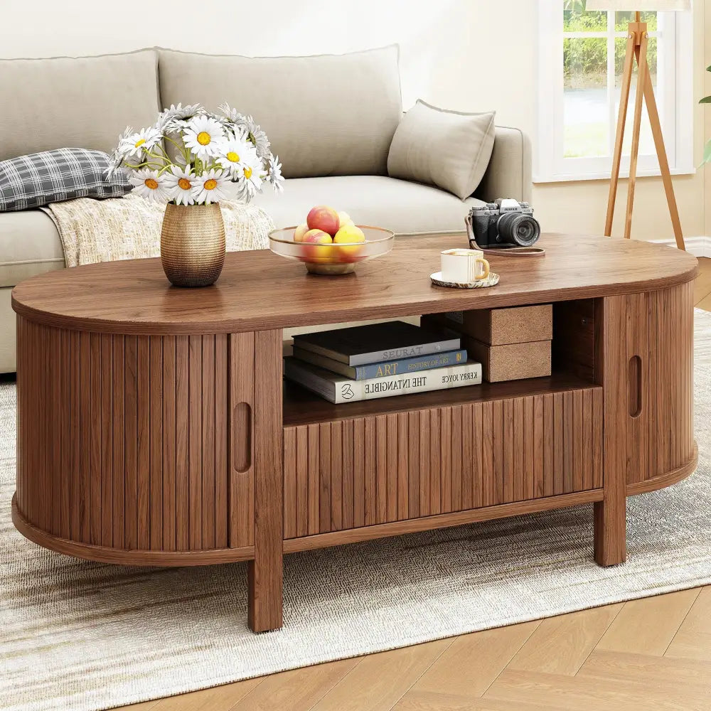 Oval Fluted Coffee Table Mid-Century Modern Center Table Cabinets & Storage