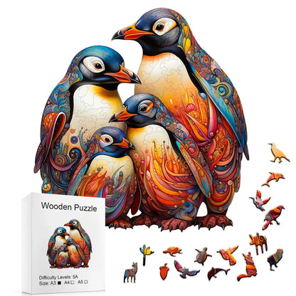 Colorful penguin wooden puzzle with packaging and pieces on a white background