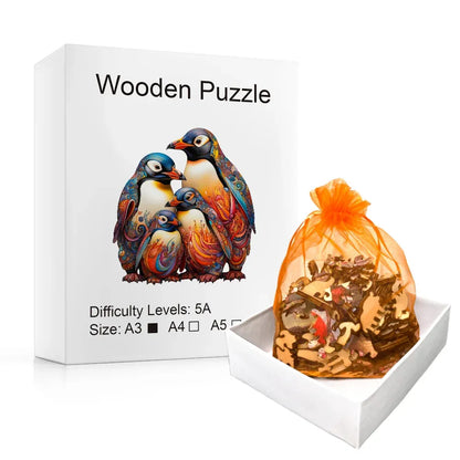 Wooden puzzle packaging with penguin design and orange drawstring bag on a white background