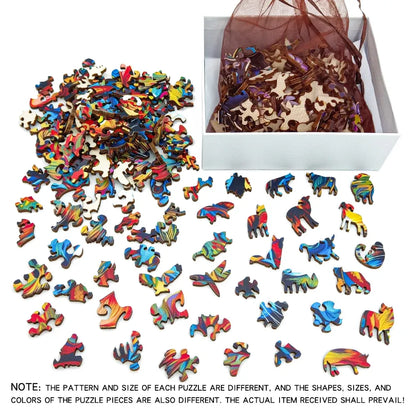 Colorful puzzle pieces with a box containing more puzzle pieces on a white background.