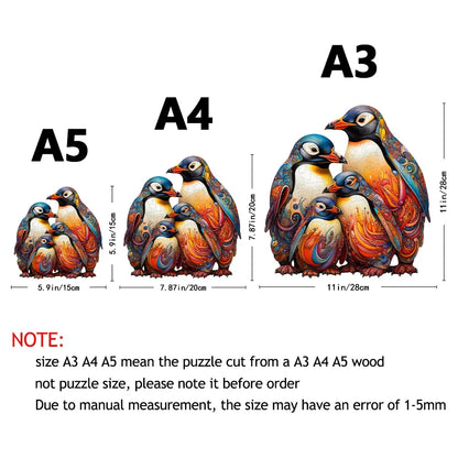 Colorful penguin illustrations with size labels A3, A4, and A5 on a white background.