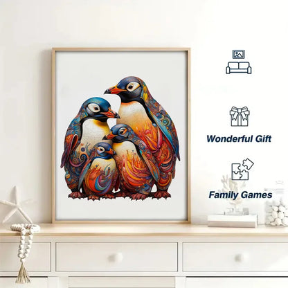 Framed artwork of colorful penguins on a wall with decorative items.