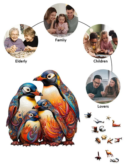 Colorful penguin family figure with family photos and icons on a white background