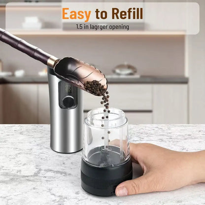 Hand using a  pepper shakers, with a focus on ease of refilling, set against a kitchen background.